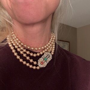 Double pearl strand with deco clasp, faux cabochon ruby, sapphire and emerald